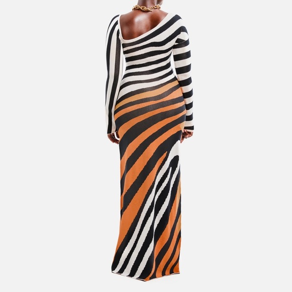 Hanifa One Shoulder Zebra Stripe Dress in Black, White, and Orange - Picture 2 of 2